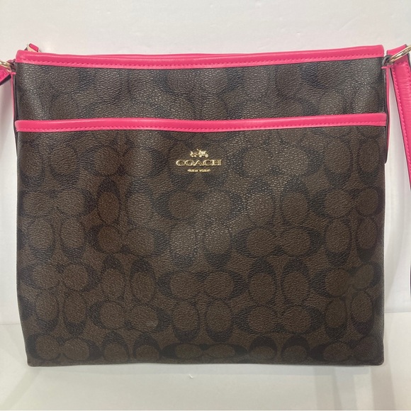 Coach Signature Print File Bag - Crossbody Dark Brown w/ Fuchsia Leather Piping - Picture 2 of 15
